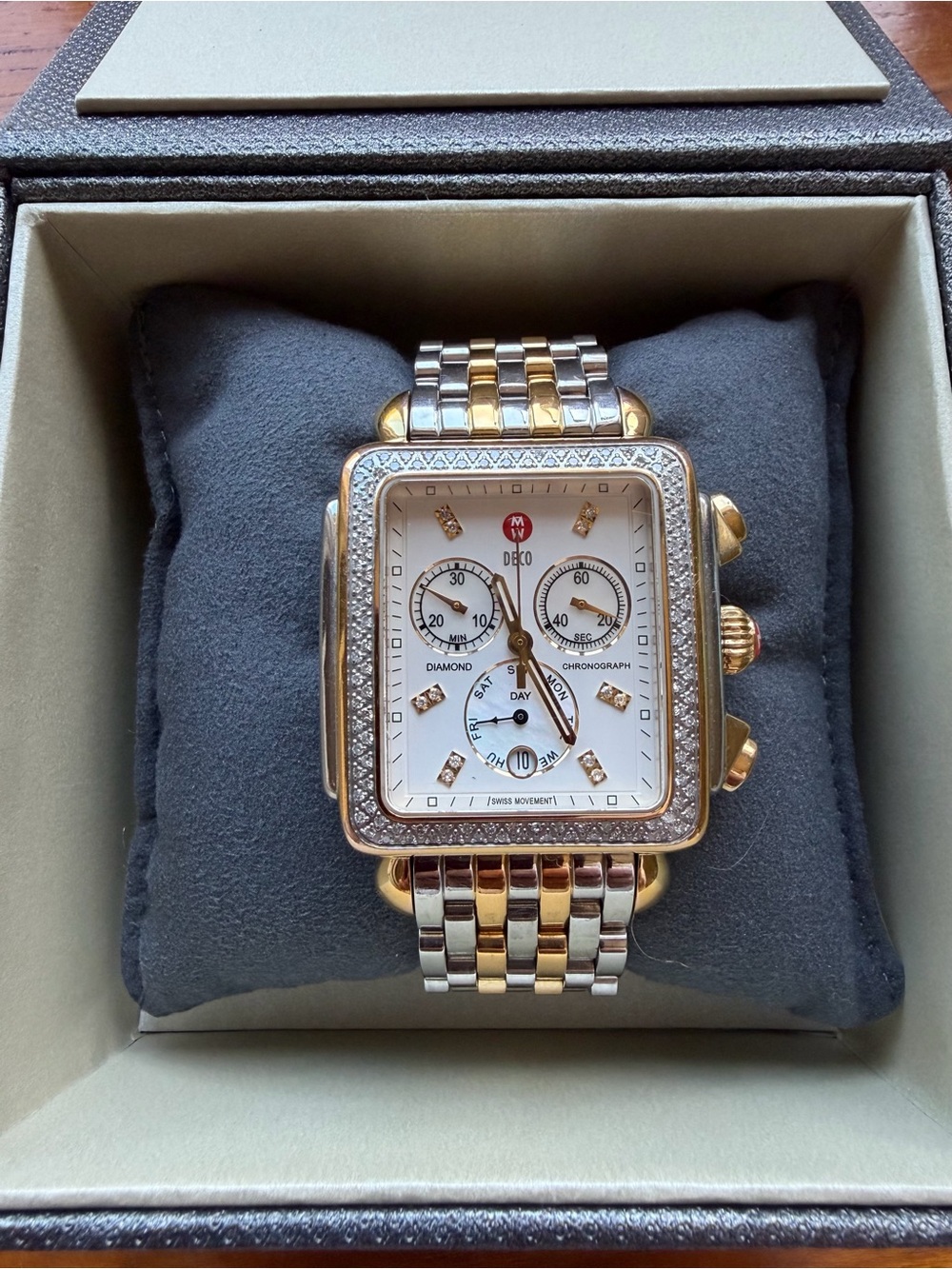Michele Deco Two-Tone Gold and Silver Diamond Accent Chronograph Watch